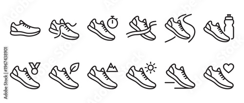 Collection of black outline running shoe icons representing various aspects of fitness and outdoor activities