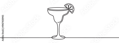 Single continuous line drawing of a classic margarita cocktail glass with a lime wedge garnish, presented in a minimalist style