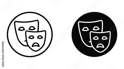 Contrast of traditional and modern theater masks within circular frames