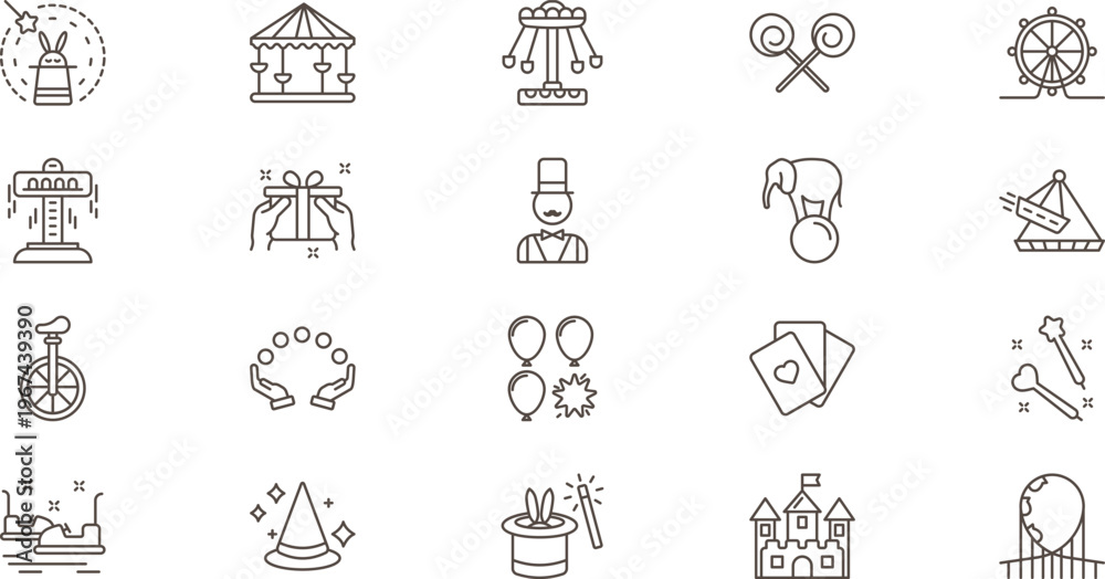 Fototapeta premium 20 Modern Amusement Park and Circus Line Icon Set Featuring Carnival Rides Magic and Entertainment Symbols