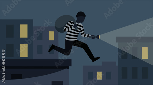 Thief running across city rooftops at night with stolen goods and a flashlight