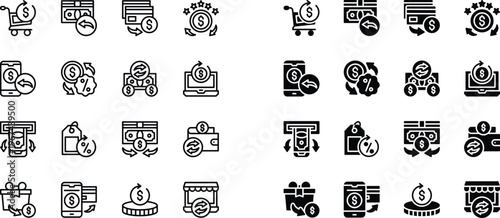 Professional 32 Cashback and Financial Rewards Icon Set Featuring Line and Solid Styles for Money Back Guarantee Systems
