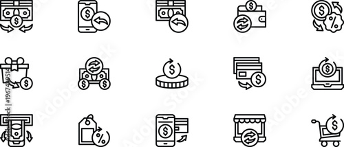 15 Modern Cashback and Refund Line Icon Set and Money Back Guarantee Vector Symbols