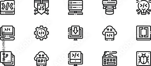 Essential 15 Coding and Computer Programming Outline Icons Pack Featuring API Integration Version Control and Bug Tracking