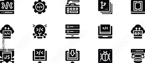 Essential 15 Coding and Computer Programming Solid Icons Pack Featuring API Integration Version Control and Bug Tracking Vector Symbols