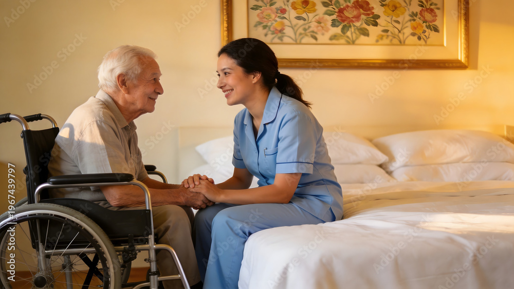 Obraz premium Caregiver assisting elderly man in wheelchair