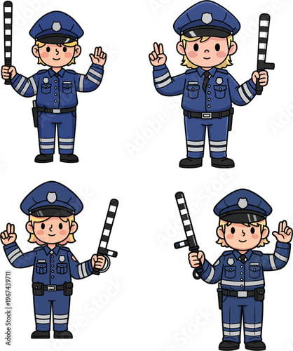 Cute cartoon chibi police officer character set wearing blue uniform and hat holding baton for law enforcement and traffic safety