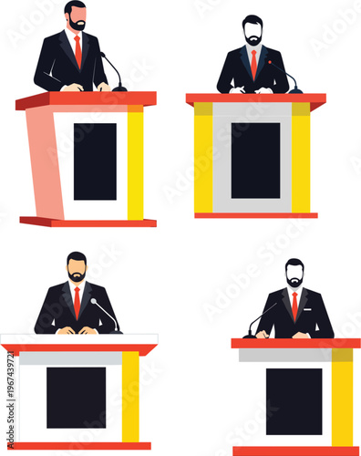Professional bearded businessman or politician giving a speech at a podium with microphone for press conference and debate