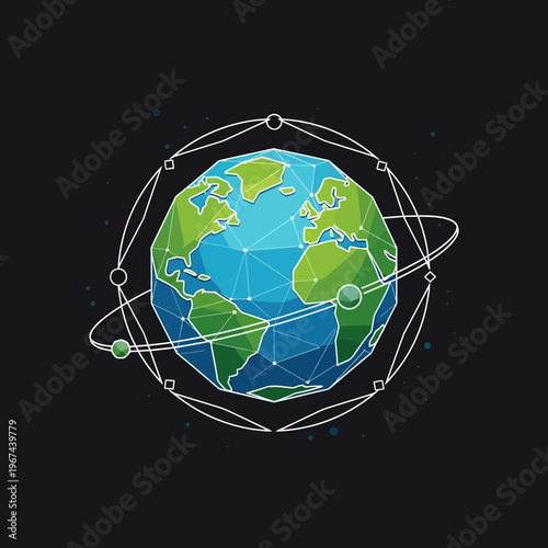 Geometric Earth Globe with Orbiting Elements on Black Background.