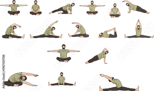 Comprehensive man yoga pose vector set with various stretching exercises for fitness wellness flexibility and home workout instructions