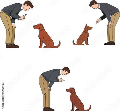 Professional man training brown dog with hand gestures and commands for pet obedience and animal behavior education vector set