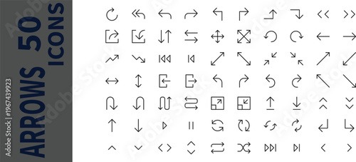 50 Modern Essential Interface Arrows and Navigation Line Icon Set
