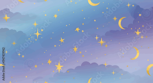 Night sky illustration depicts a serene celestial scene with golden crescent moons and twinkling stars scattered across a soft gradient of blue and purple clouds.