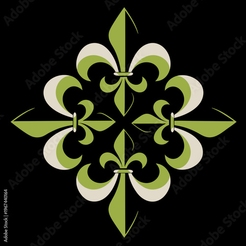 Green, white, and black fleur de lis design, ornate floral pattern, decorative vector, abstract symbol