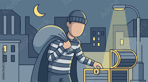 Cartoon thief with a sack opening a treasure chest at night in the city