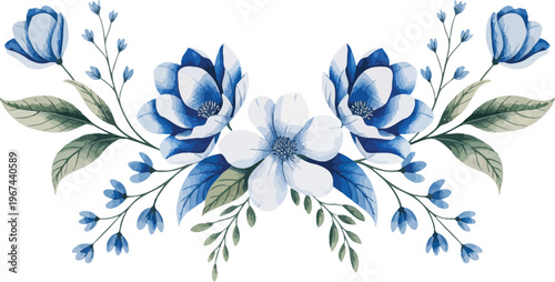 Bild auf Leinwand Watercolor blue flower bouquet illustration, floral arrangement decorative element on transparent background for elegant design branding and wedding decor