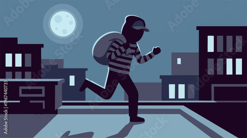 Cartoon thief escaping on urban rooftop at night with stolen goods