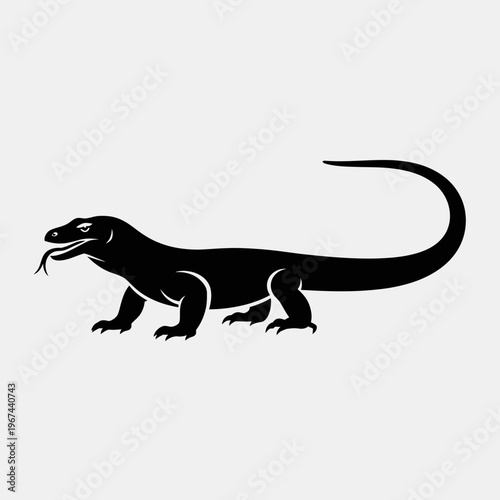 Silhouette of a Komodo dragon a large lizard in a minimalist style black and white.