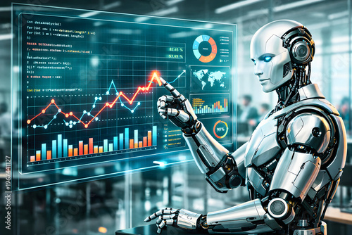 AI Analysis of Financial Data: An advanced AI robot meticulously analyzes a dynamic dashboard, deciphering complex financial data and trends.