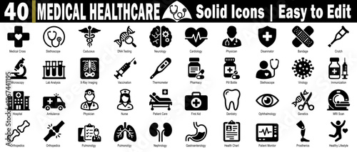 Medical healthcare solid icons. Collection of packs with medical cross stethoscope, caduceus dna testing, neurology, cardiology, physician, and bandage silhouette symbols. vector illustration.