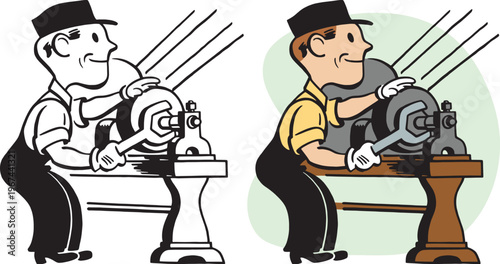 A vintage retro cartoon of a metalworker working on a machine. 