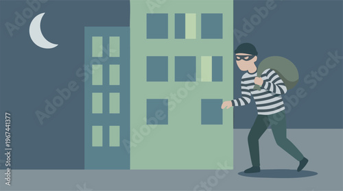 Illustration of a burglar with a sack sneaking past an apartment building at night