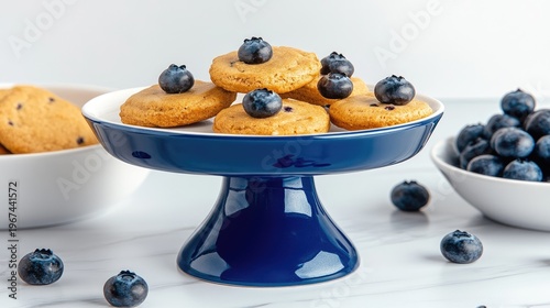 Blueberry cookies on a blue cake stand with scattered berries on a marble surface.
