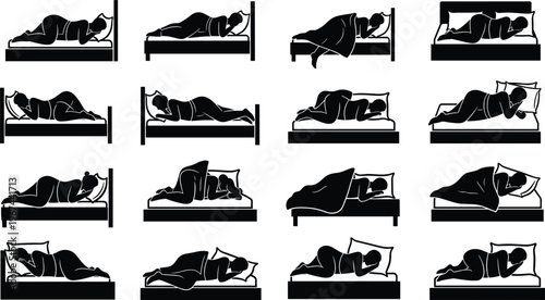 Sleeping people silhouettes set, different sleep positions, bedtime rest, night relaxation, bedroom lifestyle, comfort mattress, healthy sleep, isolated black figures collection
