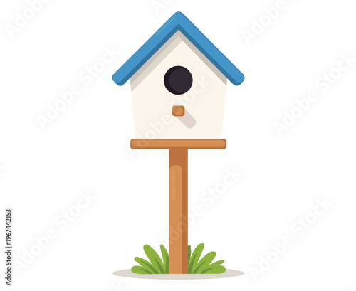 White and blue wooden birdhouse on post illustration