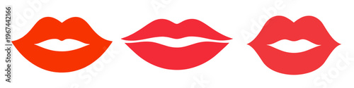 Set of three colorful female lip icons in orange, pink and red gradients. Minimal vector mouths evoke beauty, makeup, fashion, flirtation, pop art and social media sticker trends.