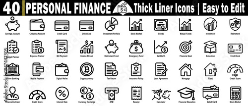 Personal finance thick liner icons set. Featuring money management business and banking assets, credit cards, savings account and investment symbols, vector illustration.