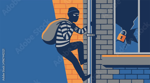 Illustration of a masked burglar climbing a building with a broken window