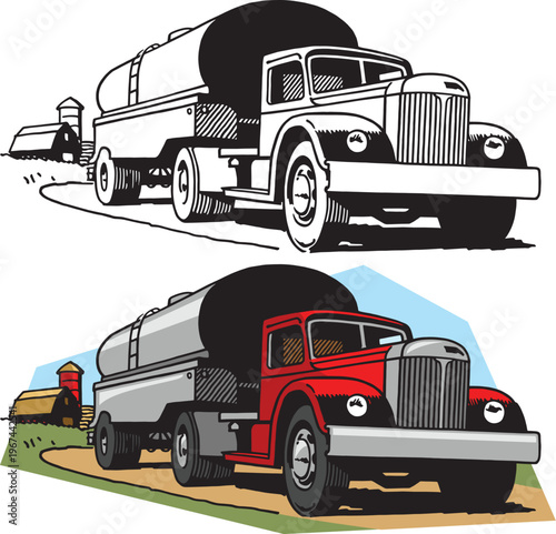 A vintage retro illustration of a dairy truck delivering milk. 
