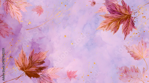 fondo de color lila con nubes difuminadas con hojas secas de otoño con espacio de copia para diseño o tarjeta de diseño o plantilla