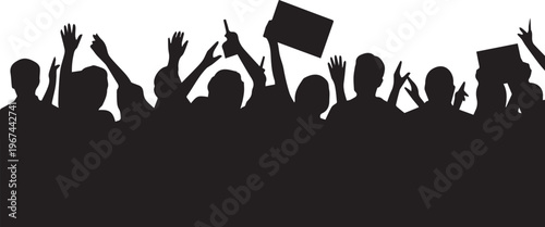 Energetic crowd with raised hands and signs Keywords: crowd, people, silhouette, hands raised