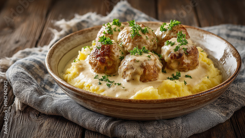Homemade swedish meatballs with mashed potatoes and cream sauce 