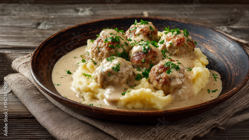 Homemade swedish meatballs with mashed potatoes and cream sauce 