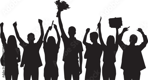 Group of people celebrating with raised fists and signs silhouette