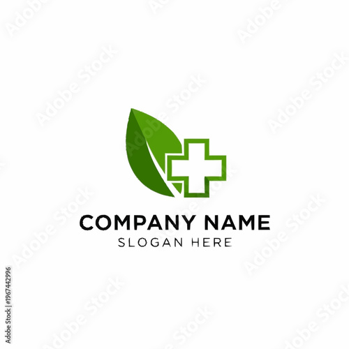 Green leaf and medical cross logo design for natural healthcare and pharmaceutical companies.