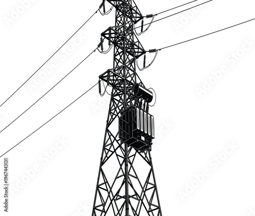 Black power transmission tower with wires and transformer against white background power tower electricity
