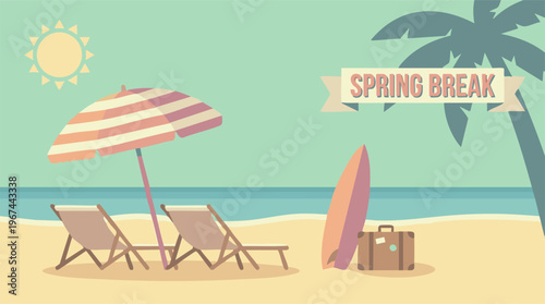 Retro minimalist illustration of a spring break beach scene with sun, umbrella, chairs, and surfboard