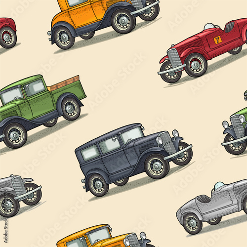 Seamless pattern with retro car sedan, coupe, roadster and pickup truck. Side view. Vintage color engraving illustration. Isolated on white background. Hand drawn design element