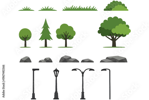 Cartoon Style Outdoor Elements Isolated on White