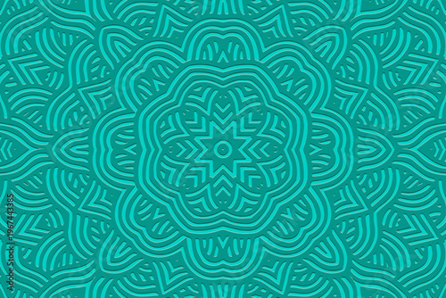 Tribal turquoise background, banner, cover design, original mural. Geometric embossed pattern, mandala. Ornamental motifs of the East, Asia, India, Mexico, Aztec, Peru. Ethnic traditions.