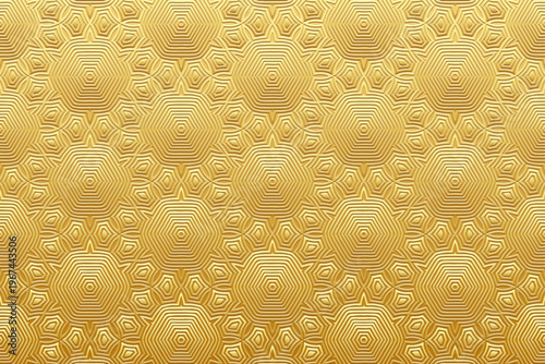 Tribal gold background, banner, cover design, original mural. Geometric embossed stylish pattern. Ornamental motifs of the East, Asia, India, Mexico, Aztec, and Peru. Ethnic traditions.