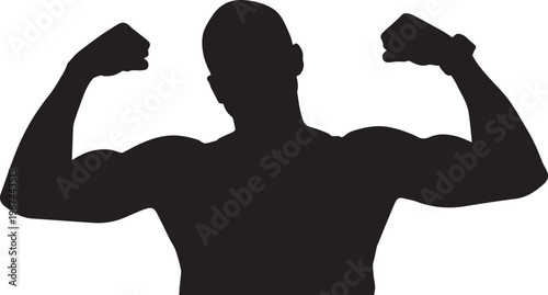 Silhouette of a bald muscular man flexing biceps strong