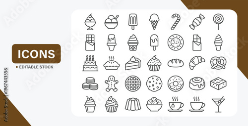 Sweet dessert and bakery line icon set with candy, pastry, cake, and ice cream symbols