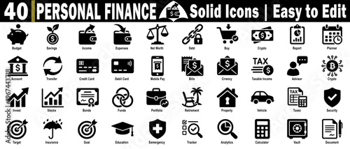 Solid icons for personal finance business concepts including budget savings income expenses and net worth solid black symbols for professional design. vector illustration.