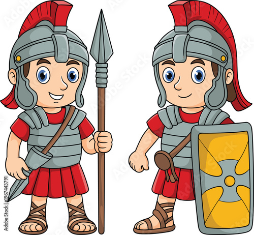 Cute cartoon Roman soldier with helmet, shield, and spear representing ancient history, bravery, and warrior character illustration