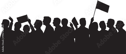 Silhouette of a crowd holding a flag and signs Keywords: crowd, people, silhouette, flag, signs